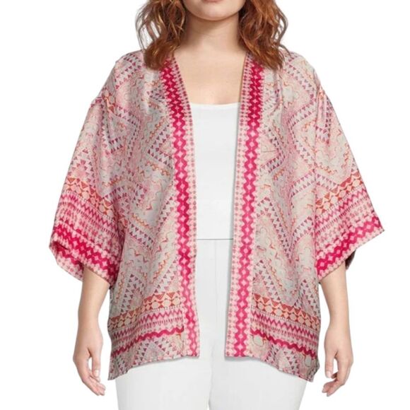 Slim Factor by Investments Plus Mosaic Tile Open Front Short Sleeve Kimono Pink - Picture 1 of 13